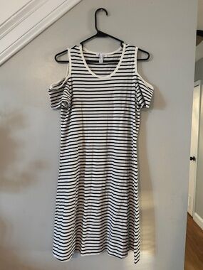 Striped Cold-Shoulder Midi Dress in Black and White